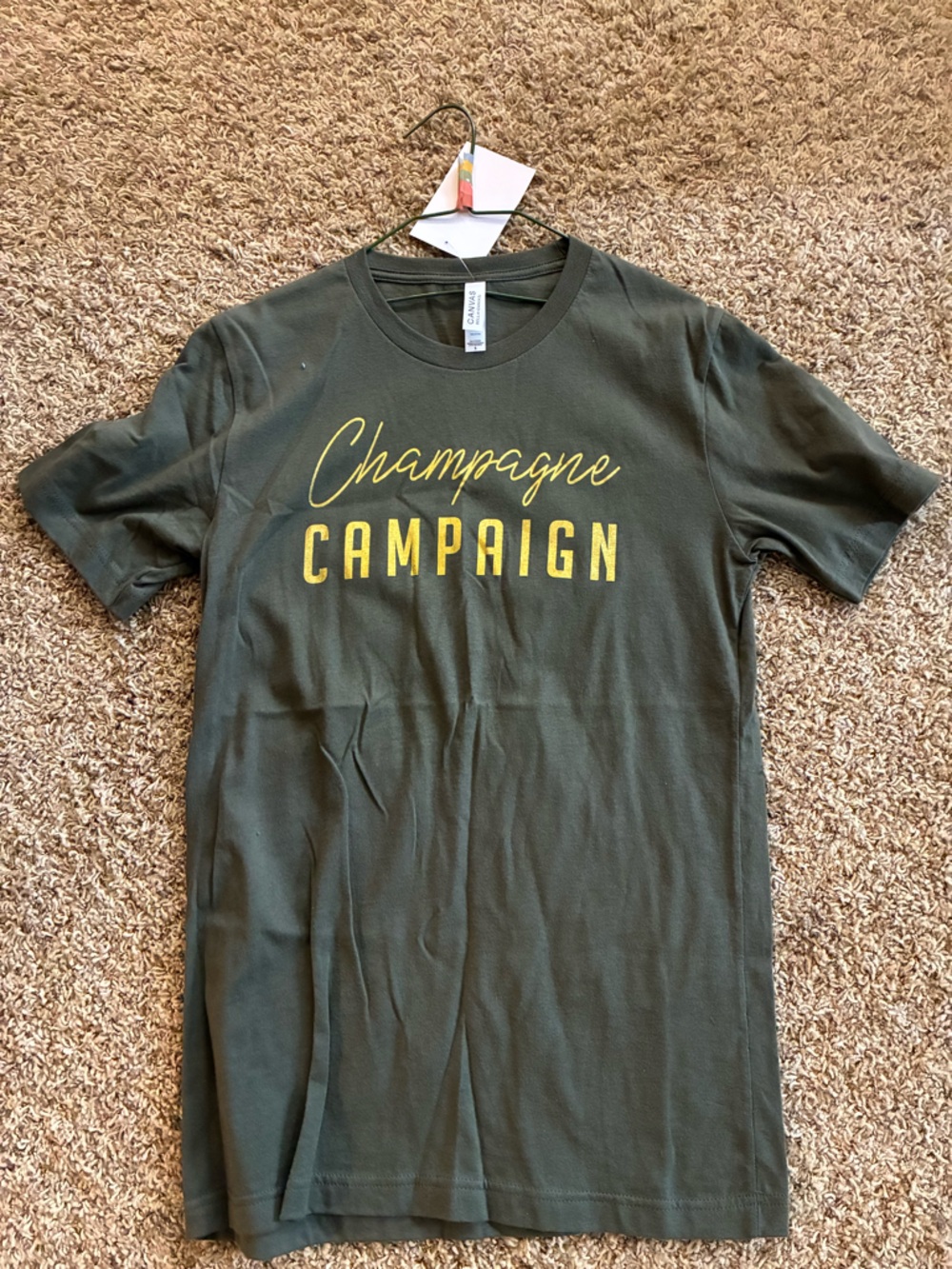 Bella Canvas Olive Green Tee with Yellow "Champagne Campaign" Print